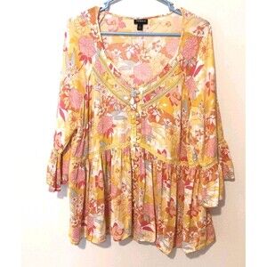 Torrid Yellow Floral Babydoll Blouse 3/4 Ruffle Sleeves Lace Trim Size 1